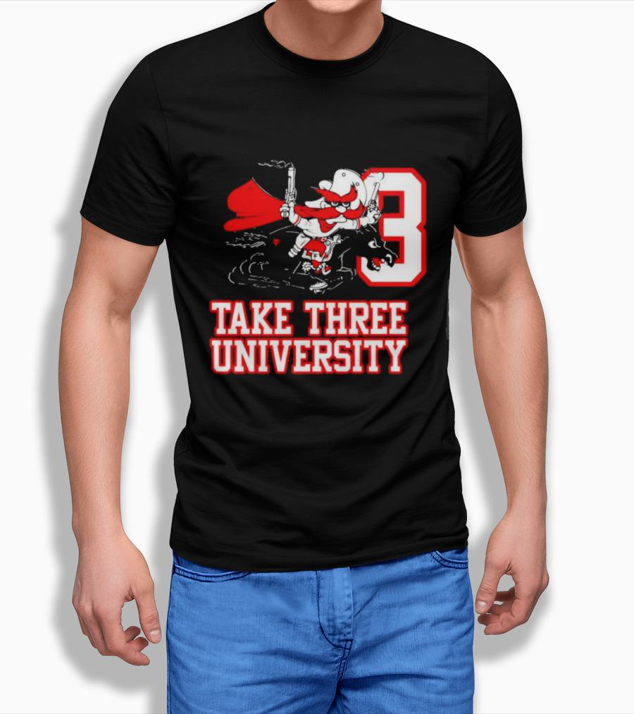 Take Three University Cowboy Mascot With Dual Pistols Number 3 T-Shirt