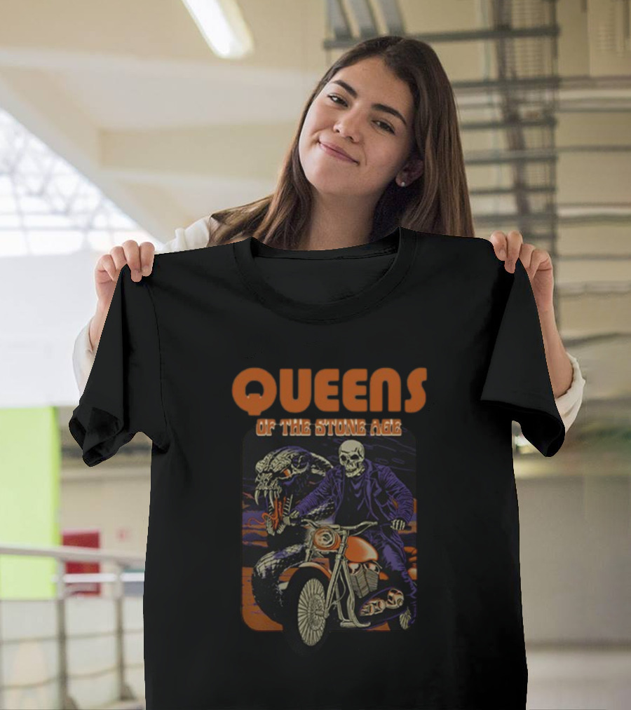 Queens Of The Stone Age Skeleton Biker With Snake Background T-Shirt