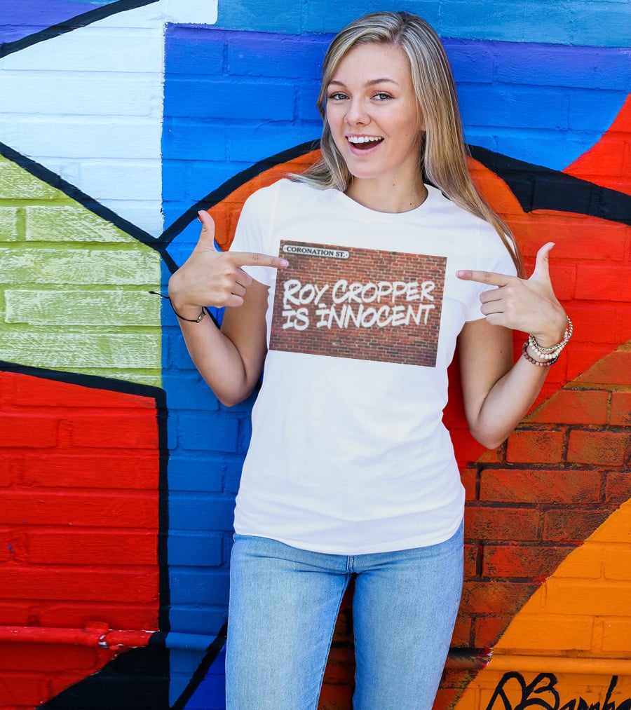 Coronation St Roy Cropper Is Innocent Brick Wall Graffiti Text T-Shirt