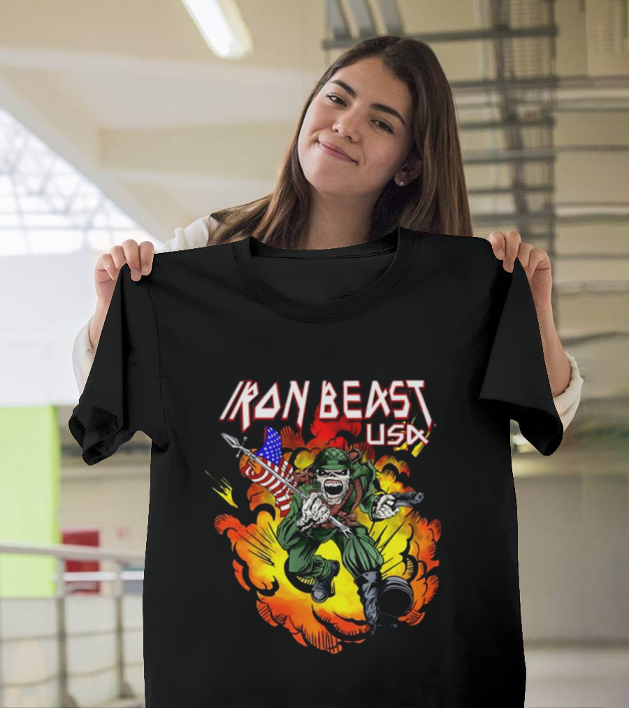 Iron Beast USA Explosive Soldier With American Flag T-Shirt
