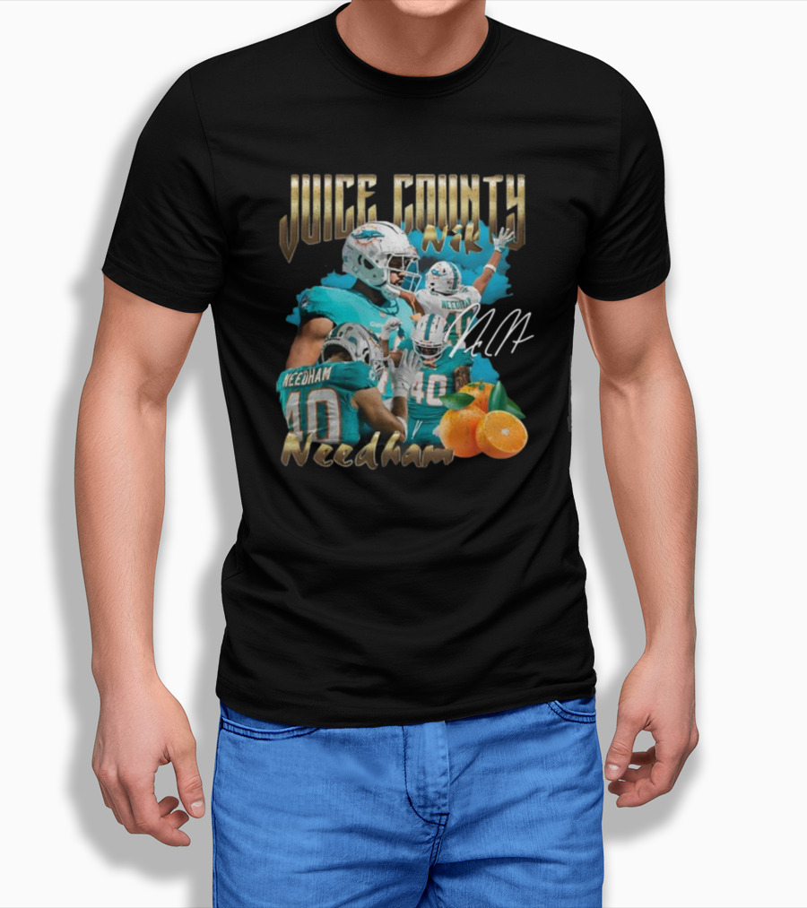 Clincboyzclothing Juice County Nik Needham Dolphins Football Player Signature Oranges T-Shirt