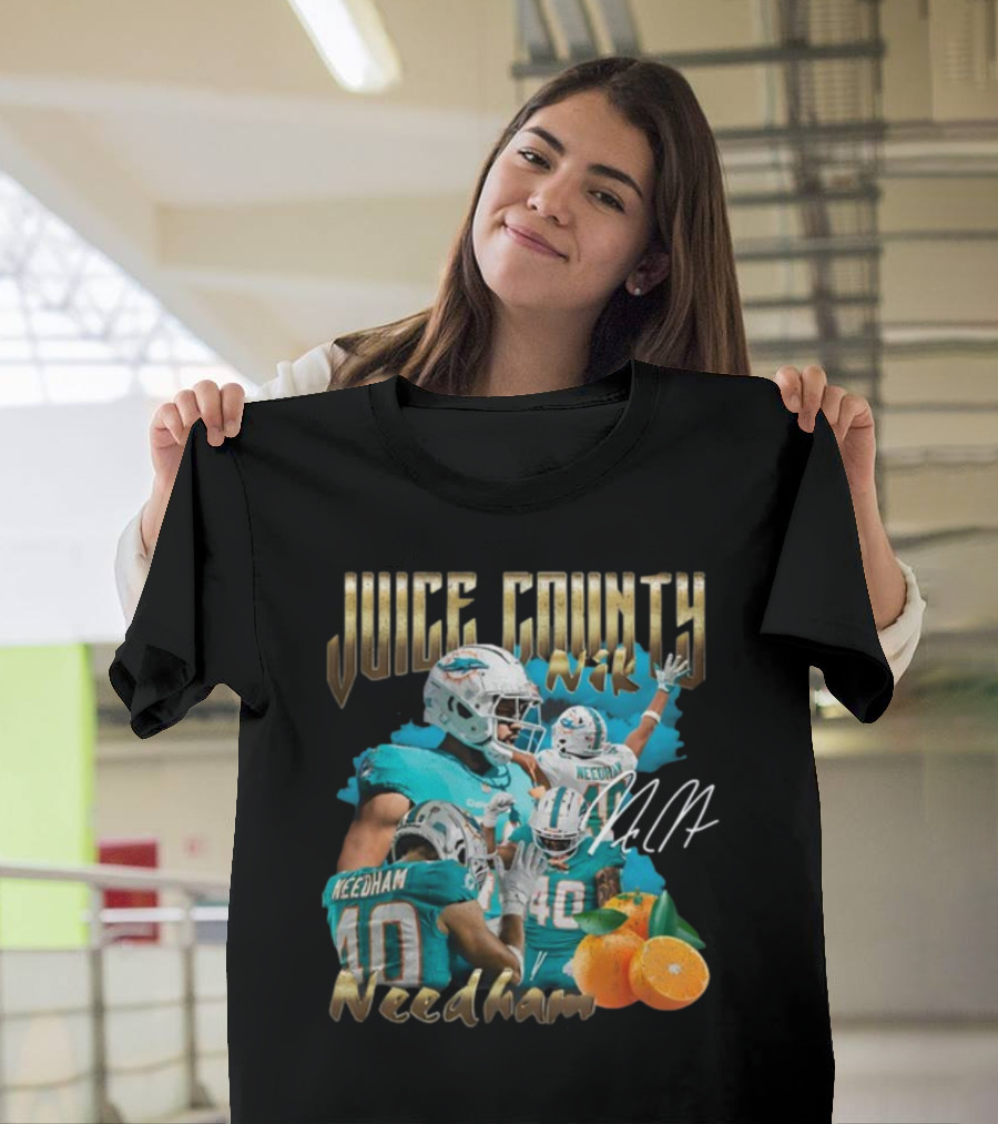 Clincboyzclothing Juice County Nik Needham Dolphins Football Player Signature Oranges T-Shirt