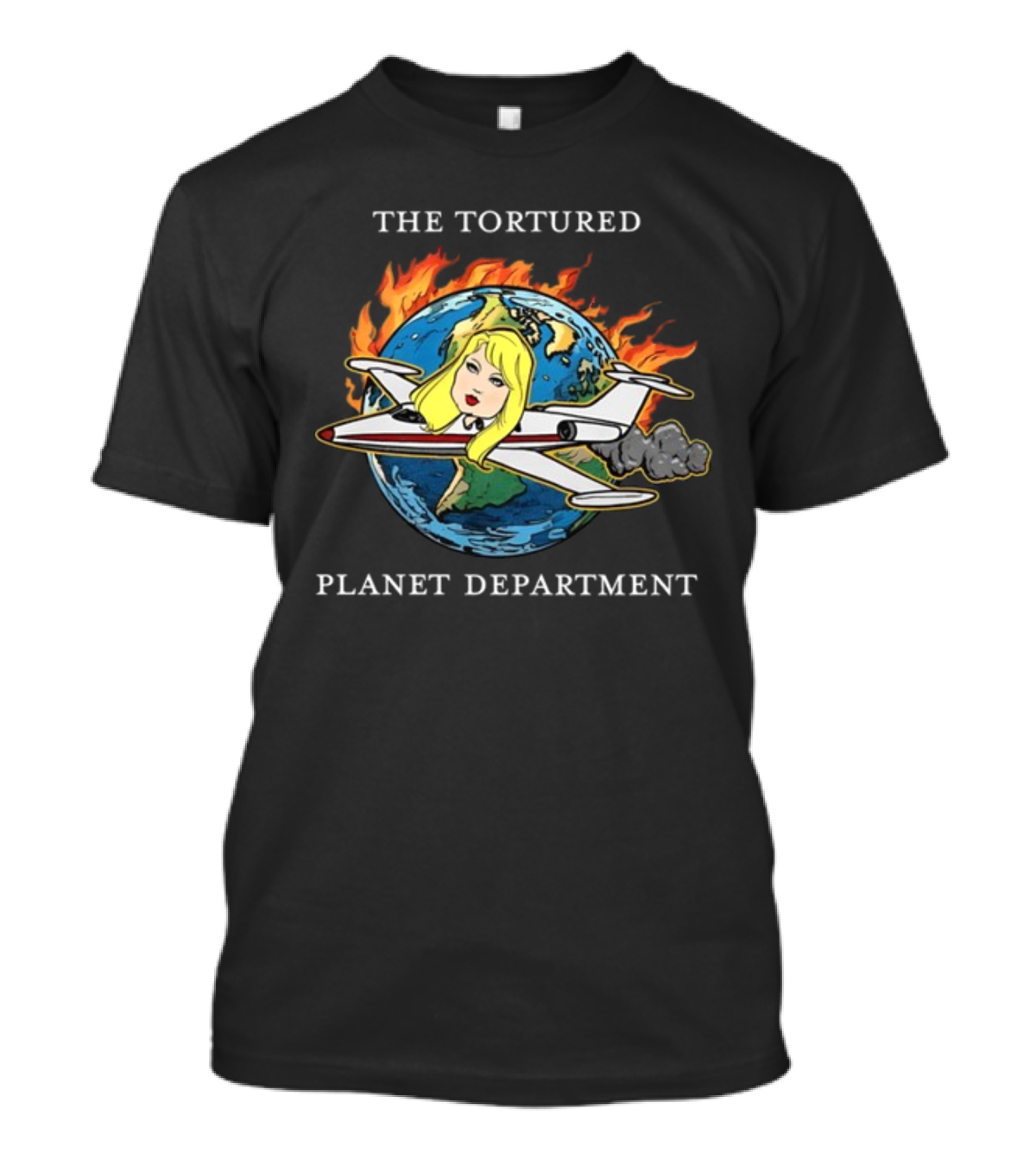 THE TORTURED PLANET FLAMING GLOBE AIRPLANE CARICATURE DEPARTMENT T-Shirt