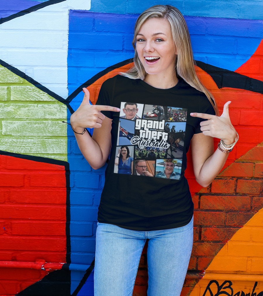 Grand Theft Australia Aussiebotstudio Political And Cultural Satire Collage T-Shirt