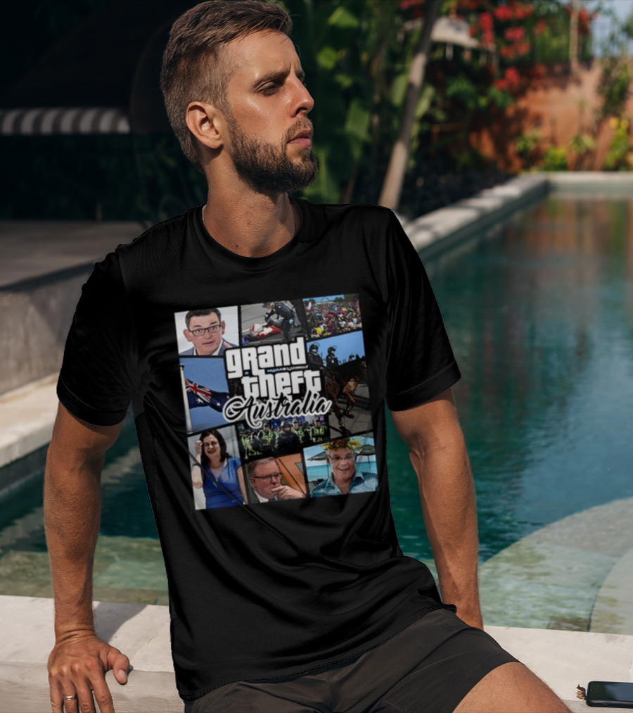 Grand Theft Australia Aussiebotstudio Political And Cultural Satire Collage T-Shirt