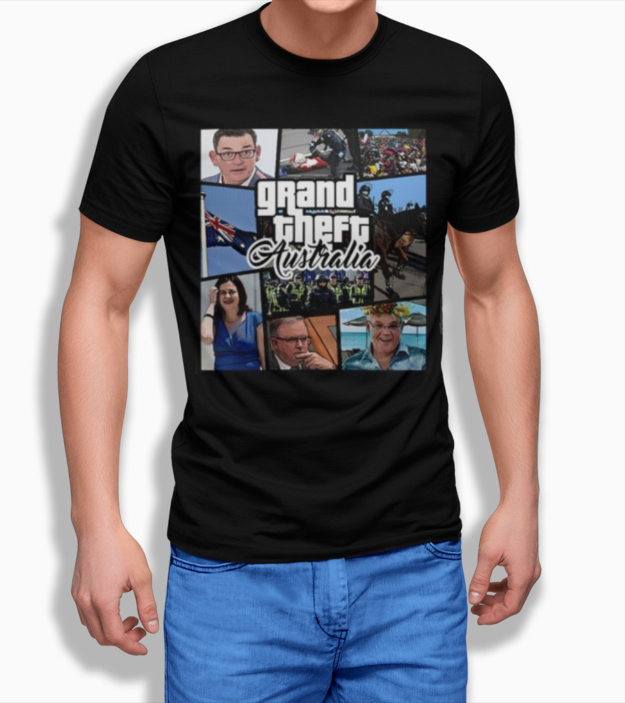 Grand Theft Australia Aussiebotstudio Political And Cultural Satire Collage T-Shirt