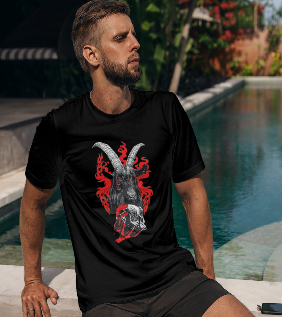 Blackcraft Cult Baphomet Goat Devil Skull With Red Flames And Hexed Hooves T-Shirt