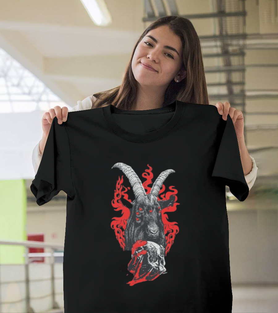 Blackcraft Cult Baphomet Goat Devil Skull With Red Flames And Hexed Hooves T-Shirt
