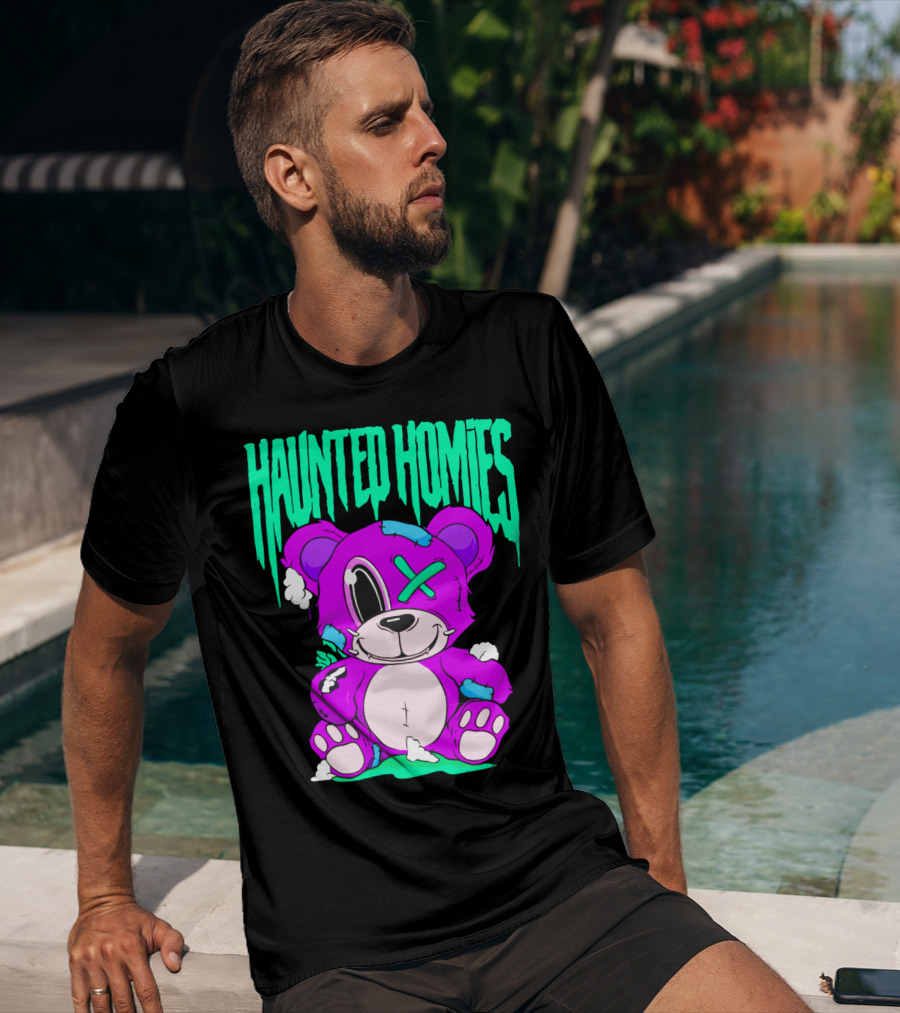 HAUNTED HOMIES Purple Teddy Bear Crossed Eye Patchwork T-Shirt