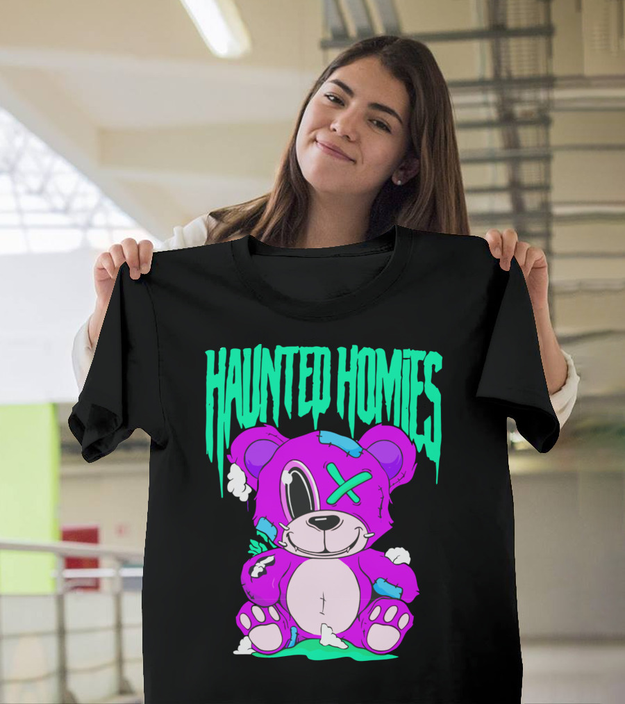 HAUNTED HOMIES Purple Teddy Bear Crossed Eye Patchwork T-Shirt