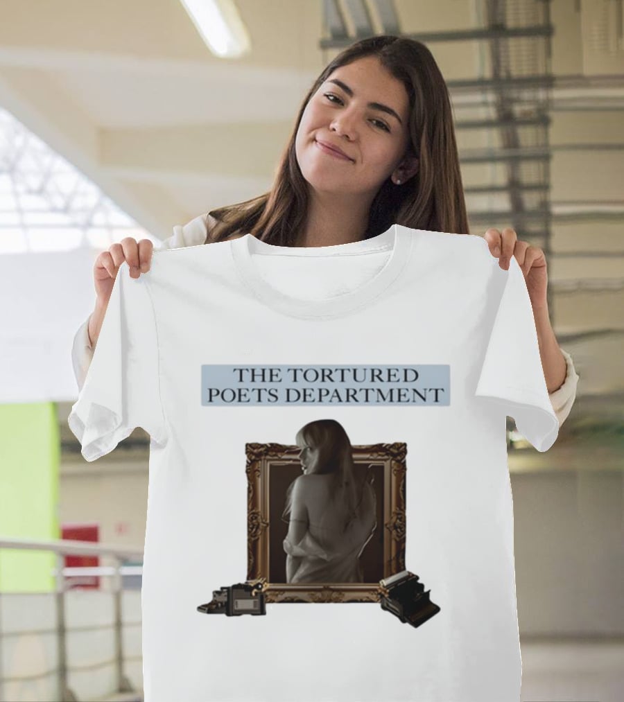 Chartsandshirts The Tortured Poets Department Framed Figure With Books And Typewriter T-Shirt