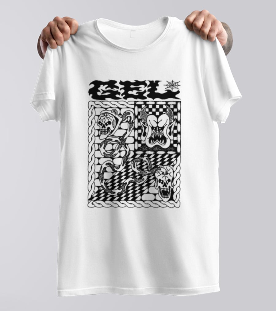 Gel Skull Chains Flames Checkered T-Shirt