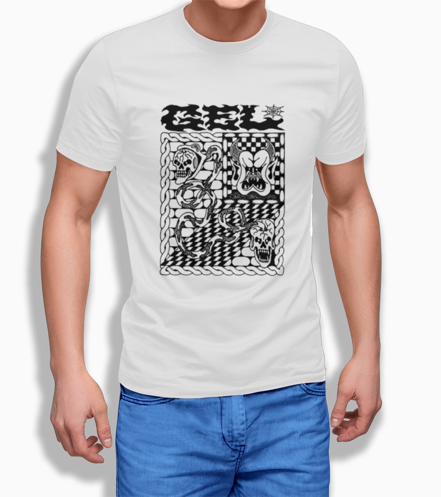 Gel Skull Chains Flames Checkered T-Shirt