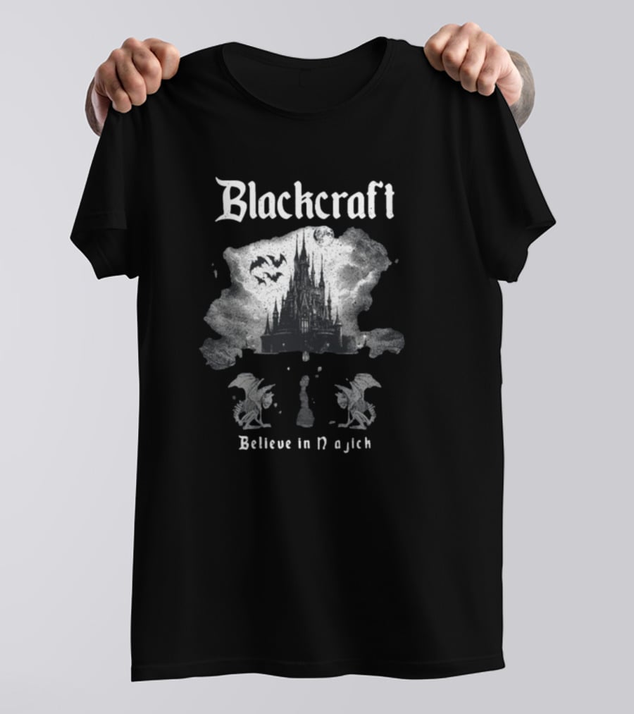 Blackcraft Believe In Magick Gothic Castle With Bats And Gargoyles T-Shirt