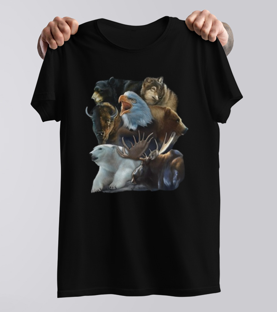 Wild Animal Collage Bear Wolf Eagle Moose Bison Polar Bear Crewneck T-Shirt