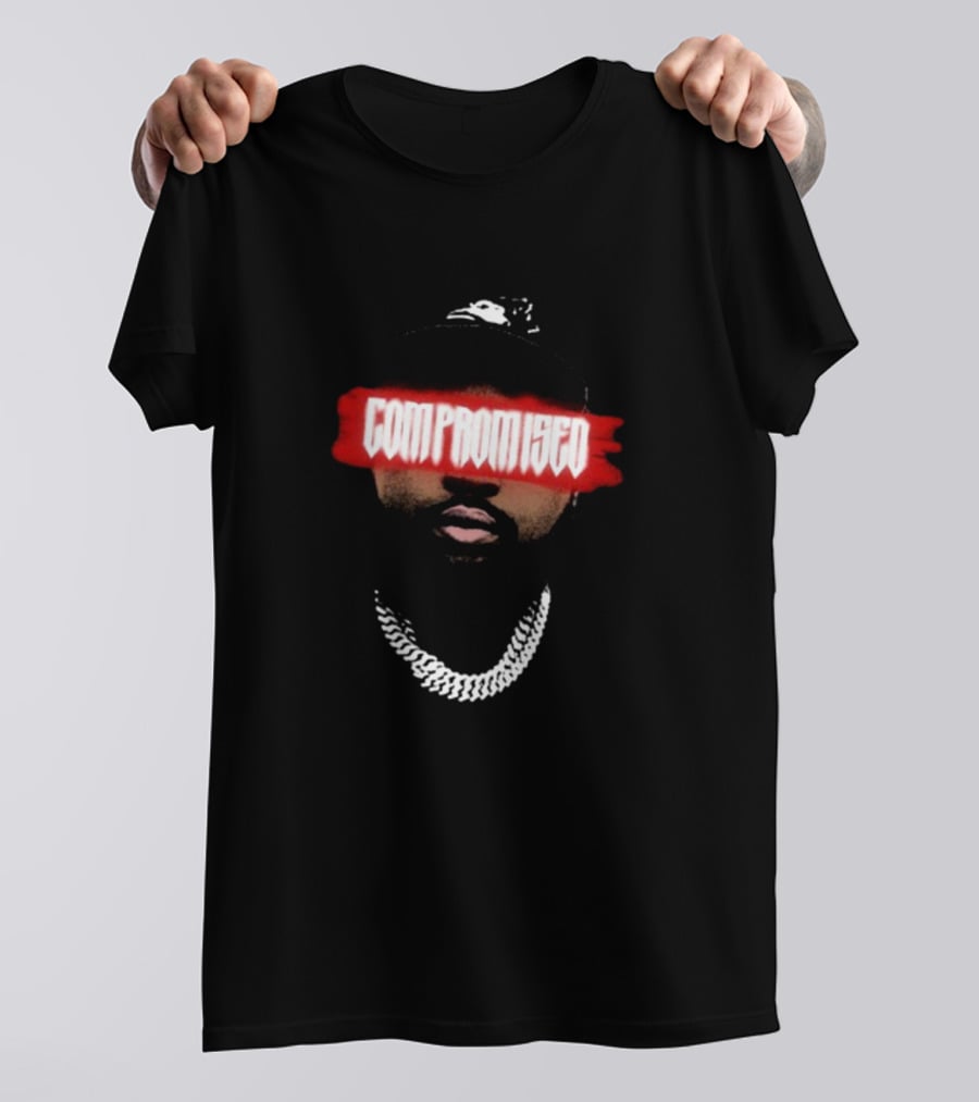Compromised Red Text Mask Black Cap Chain T-Shirt