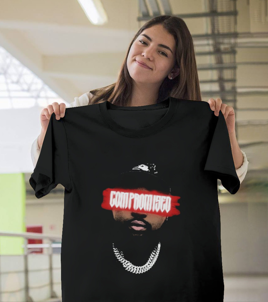 Compromised Red Text Mask Black Cap Chain T-Shirt
