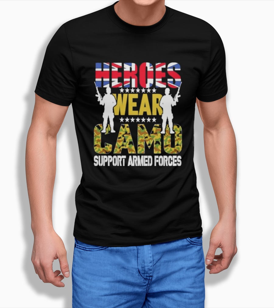 Heroes Wear Camo Support Armed Forces UK Flag T-Shirt