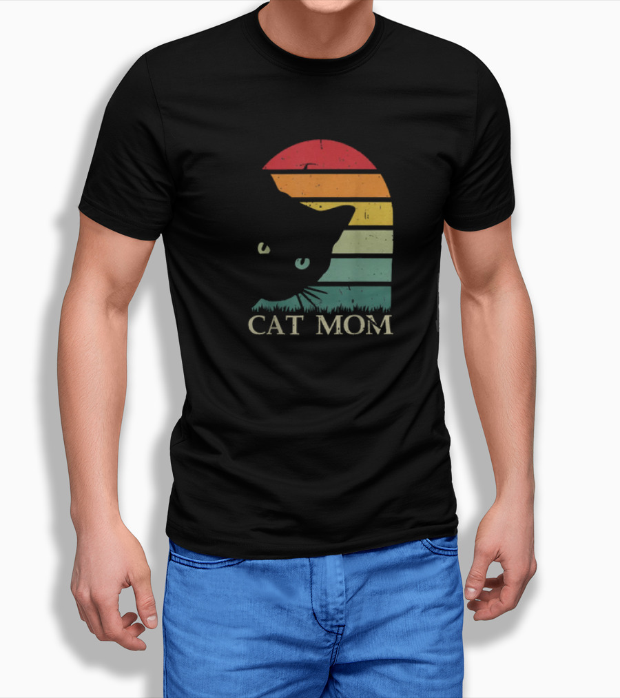 Vintage Cat Mom For Women Funny Cat Mom Mother Retro Sunset Cat T-Shirt