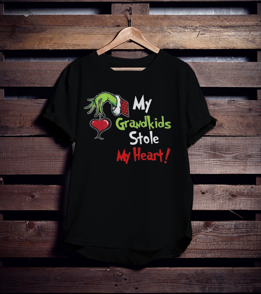 Grinch Green Monster Christmas My Grandkids Stole My Heart Kids Textured Sleeves T-Shirt