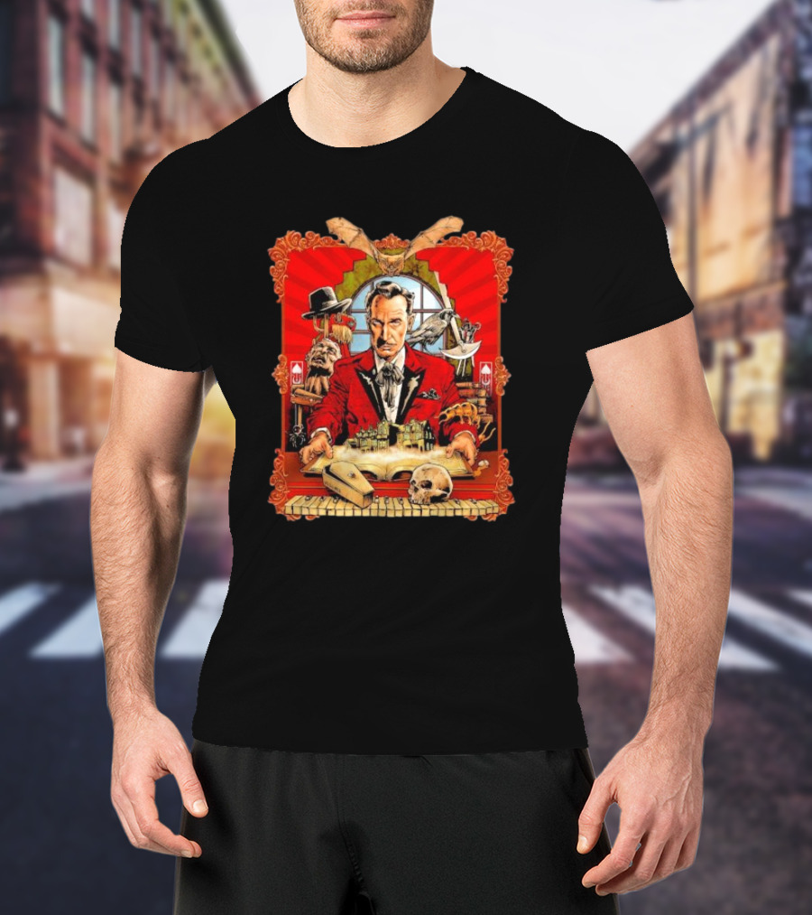 Vincent Price Red Suit Macabre Collection With Bats, Skulls, And Haunted Mansion T-Shirt
