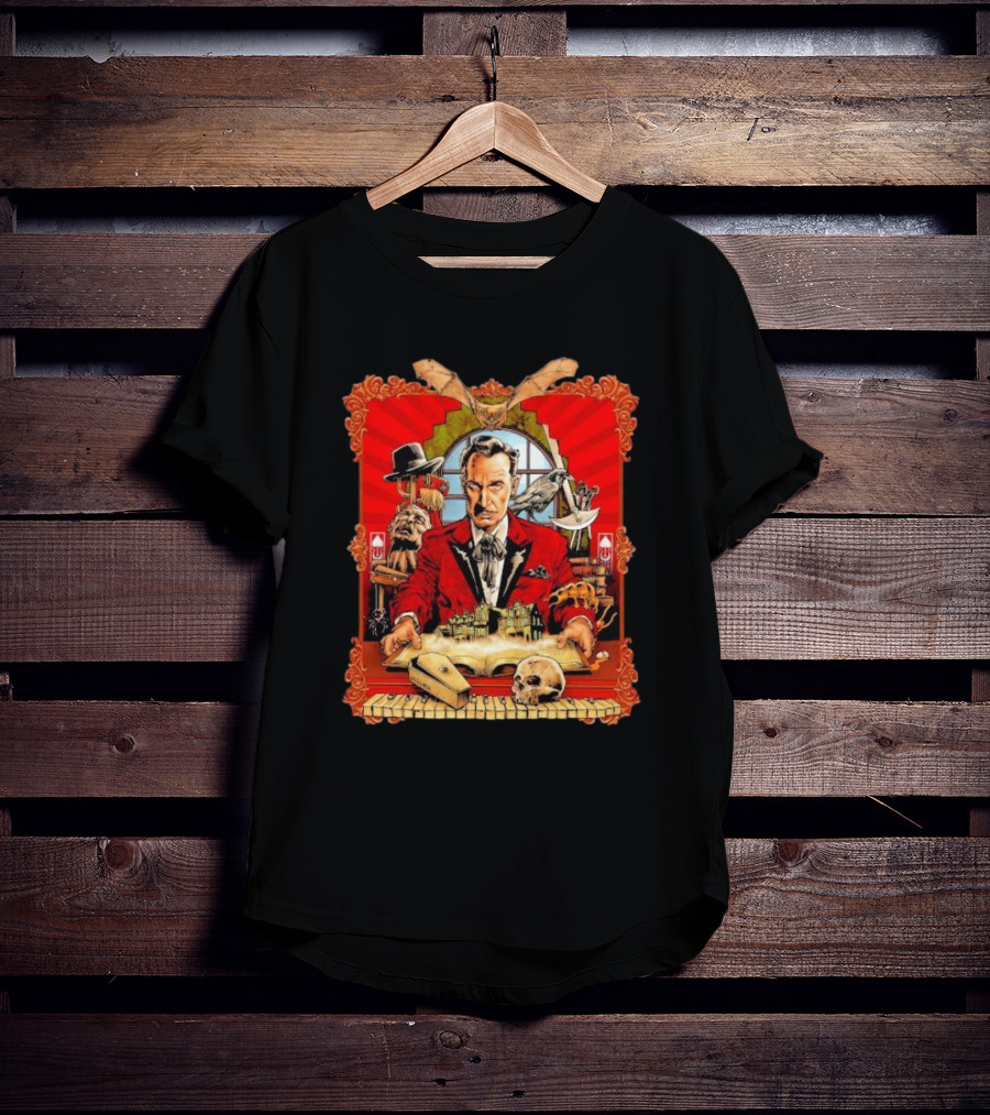 Vincent Price Red Suit Macabre Collection With Bats, Skulls, And Haunted Mansion T-Shirt