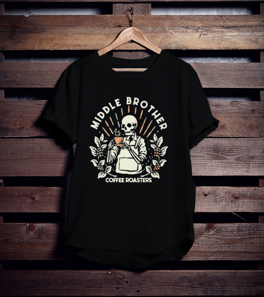 Middle Brother Coffee Roasters Skeleton Barista Holding Coffee Cup T-Shirt