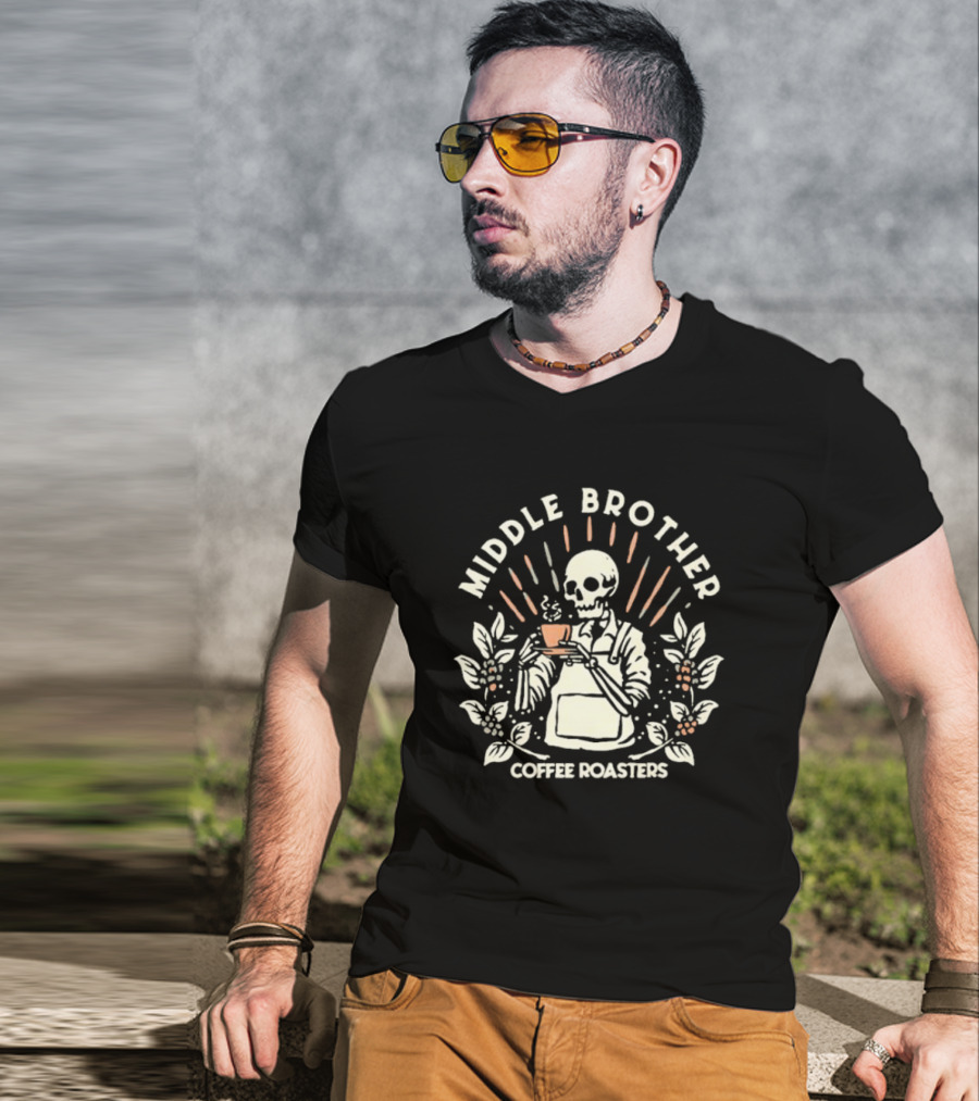 Middle Brother Coffee Roasters Skeleton Barista Holding Coffee Cup T-Shirt