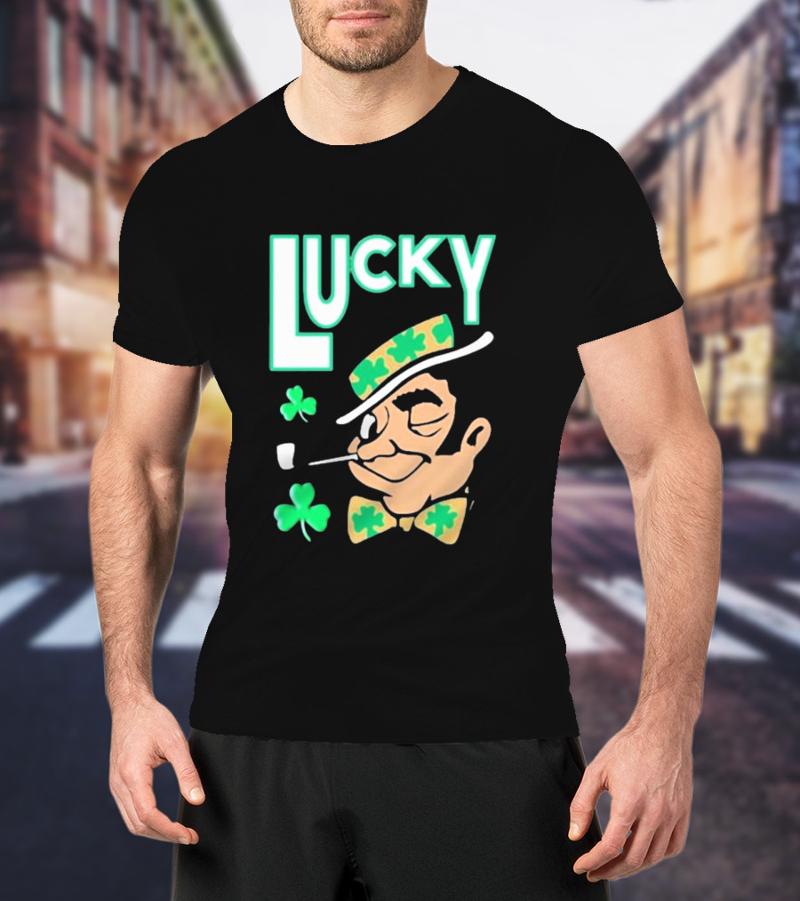 Boston Celtics Lucky The Leprechaun Shamrock Winking Pipe T-Shirt