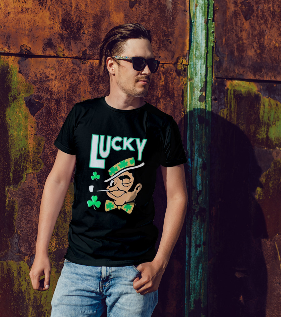 Boston Celtics Lucky The Leprechaun Shamrock Winking Pipe T-Shirt