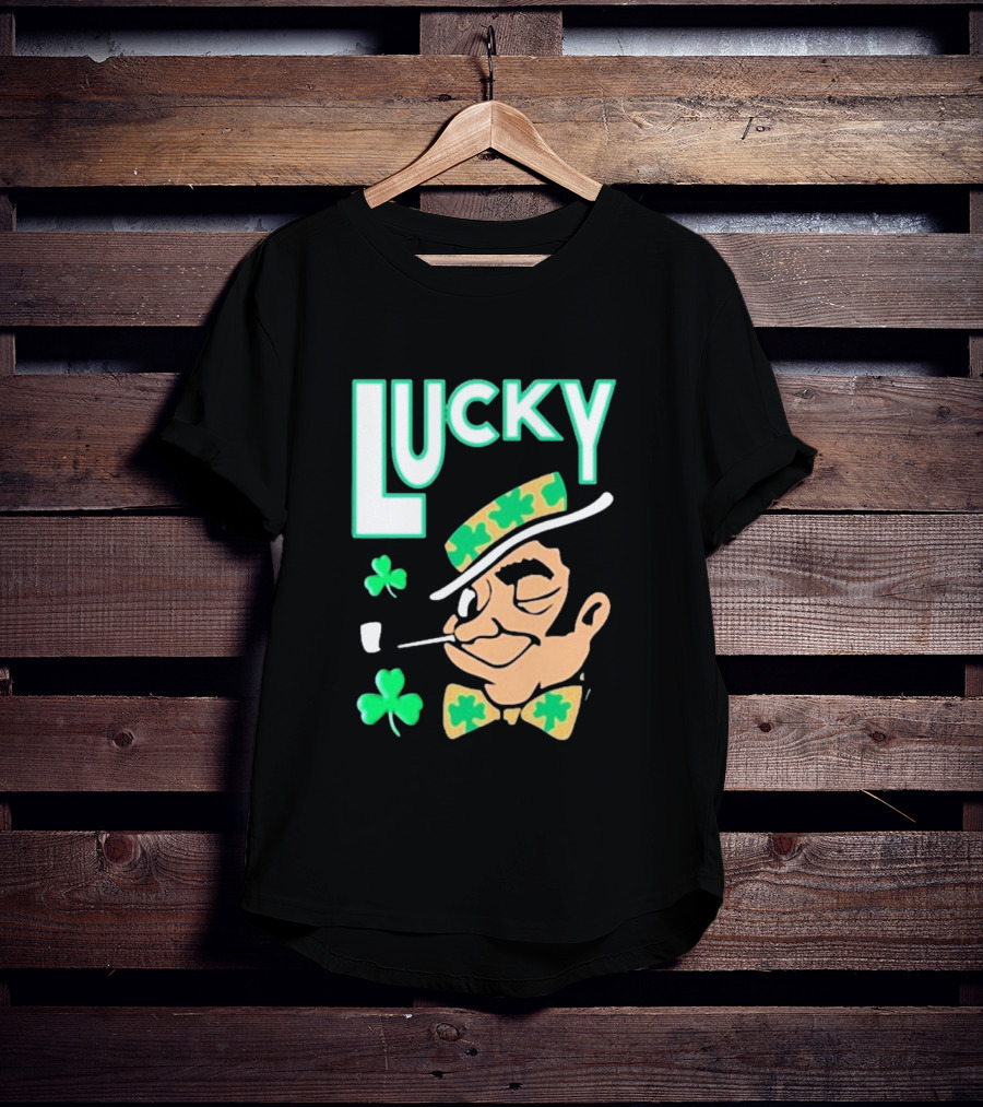 Boston Celtics Lucky The Leprechaun Shamrock Winking Pipe T-Shirt