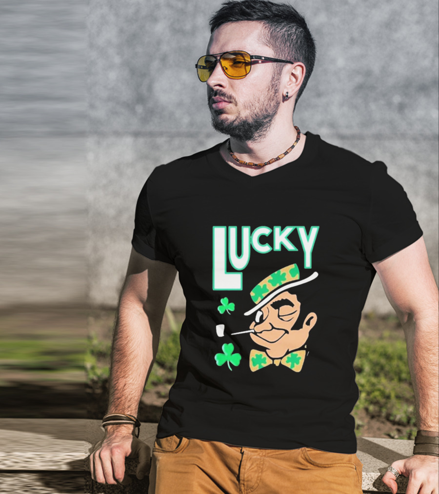 Boston Celtics Lucky The Leprechaun Shamrock Winking Pipe T-Shirt