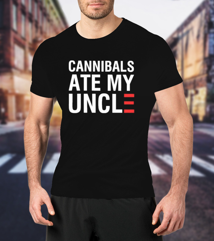 Cannibals Ate My Uncle White Text Red Stripes T-Shirt