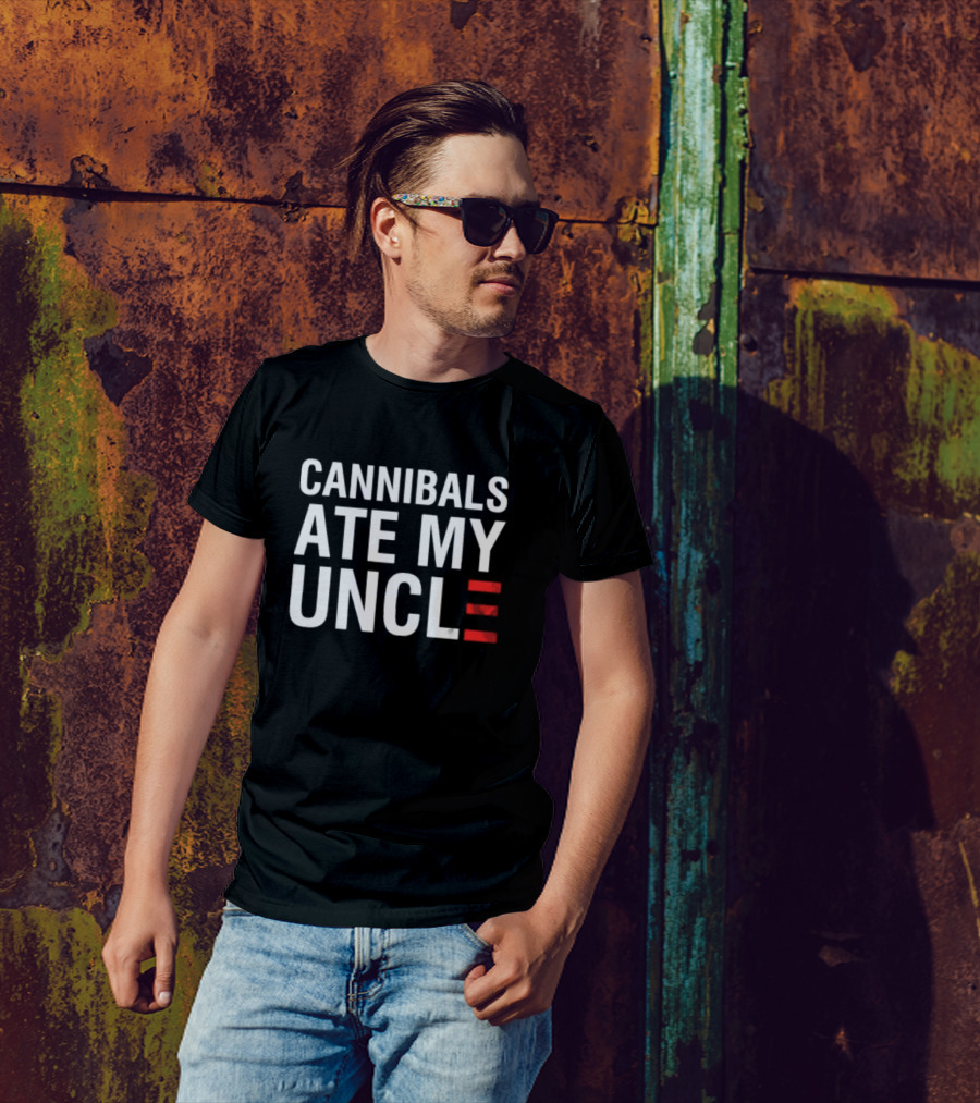 Cannibals Ate My Uncle White Text Red Stripes T-Shirt