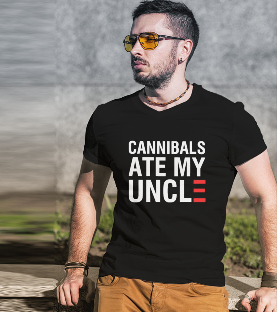 Cannibals Ate My Uncle White Text Red Stripes T-Shirt
