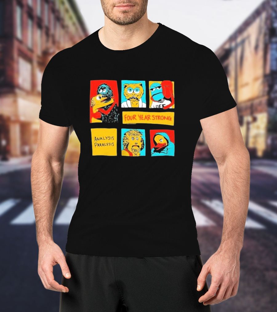 Four Year Strong Analysis Paralysis Characters In Colorful Panels T-Shirt