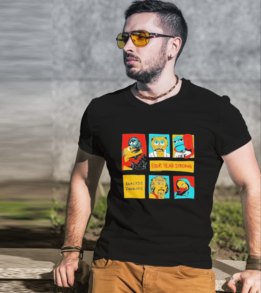 Four Year Strong Analysis Paralysis Characters In Colorful Panels T-Shirt
