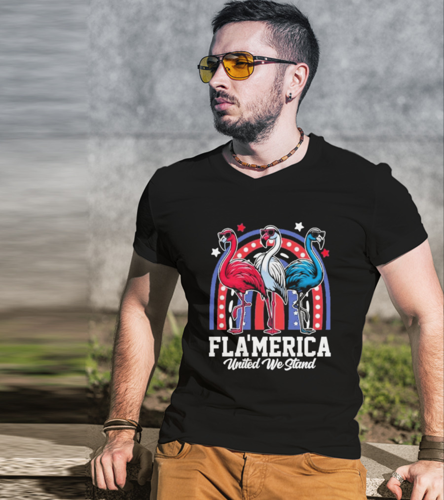 Flamingos Fla’merica Patriotic Red White Blue United We Stand T-Shirt