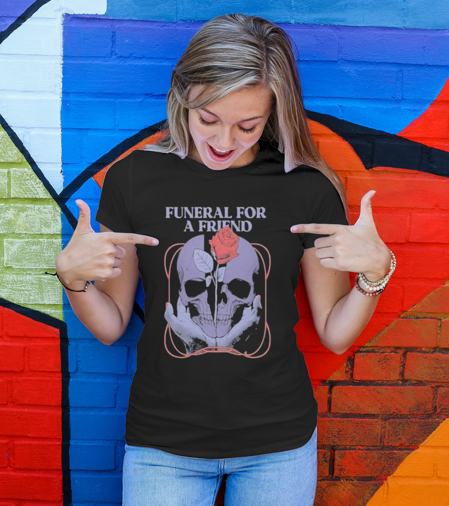 FUNERAL FOR A FRIEND SKULL ROSE DOUBLE HAND HOLDING SYMBOLISM T-Shirt