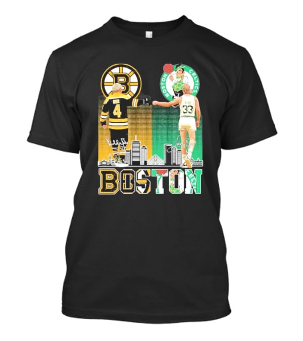 Bobby Orr Boston Bruins Larry Bird Boston Celtics Skyline Signatures Logos And Boston Text T-Shirt