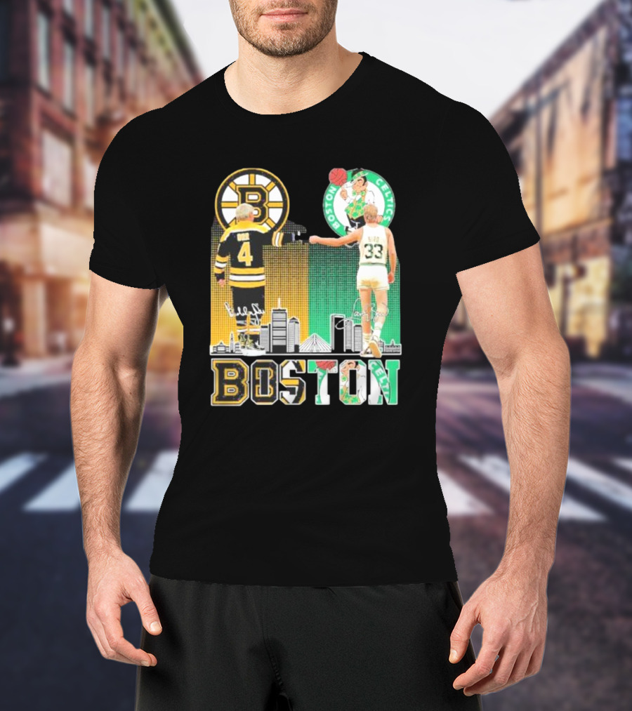 Bobby Orr Boston Bruins Larry Bird Boston Celtics Skyline Signatures Logos And Boston Text T-Shirt