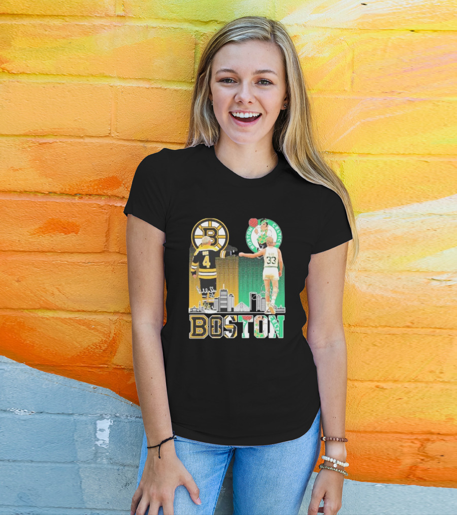 Bobby Orr Boston Bruins Larry Bird Boston Celtics Skyline Signatures Logos And Boston Text T-Shirt