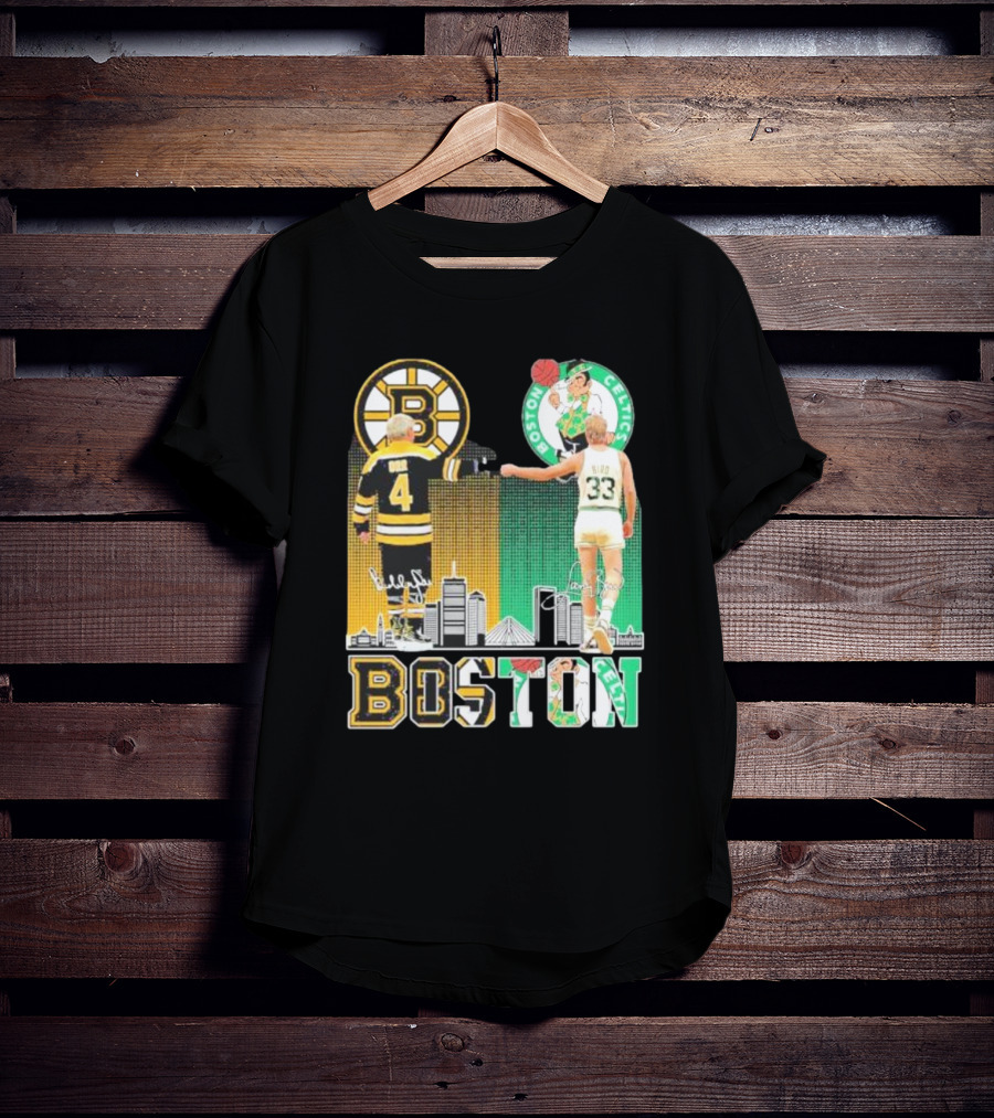 Bobby Orr Boston Bruins Larry Bird Boston Celtics Skyline Signatures Logos And Boston Text T-Shirt