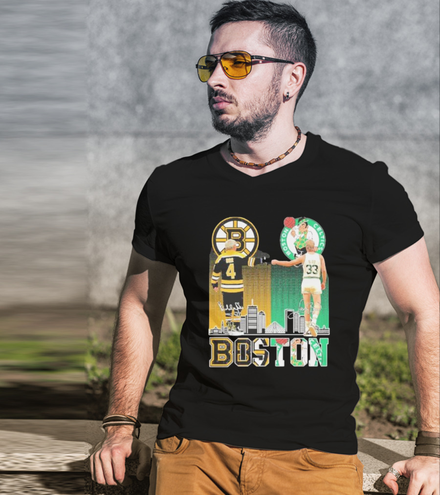 Bobby Orr Boston Bruins Larry Bird Boston Celtics Skyline Signatures Logos And Boston Text T-Shirt