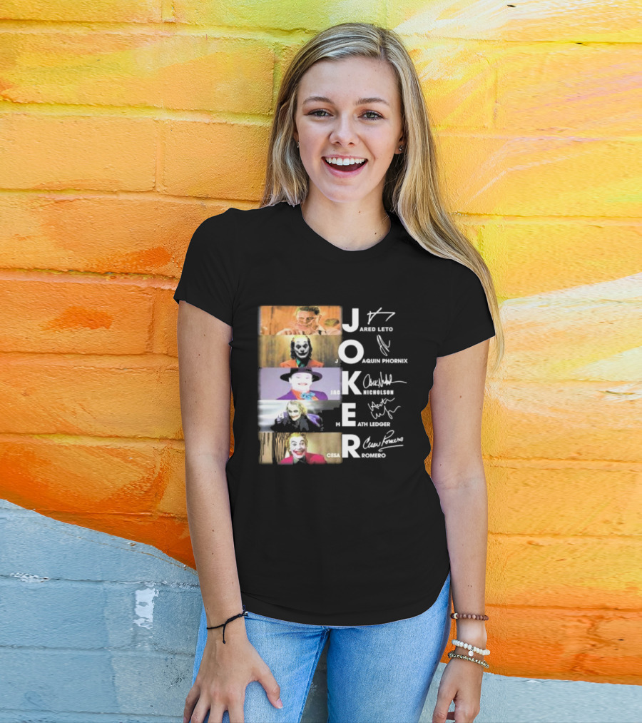 Joker Jared Leto Joaquin Phoenix Jack Nicholson Heath Ledger Cesar Romero Signatures DC Comics Movies All Stars Eras T-Shirt