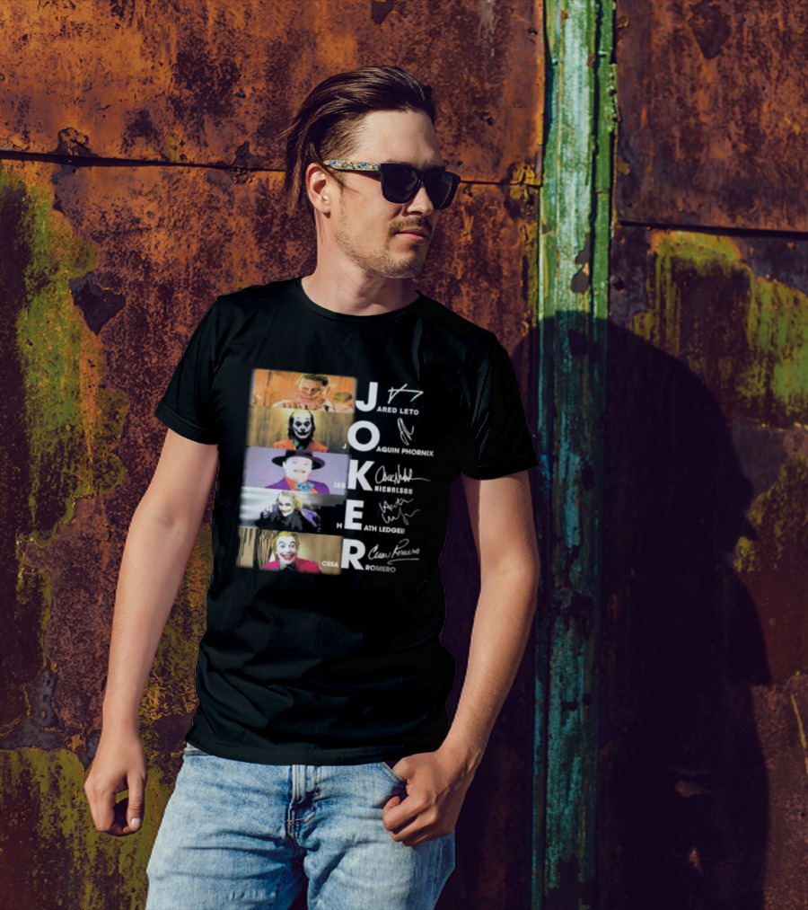 Joker Jared Leto Joaquin Phoenix Jack Nicholson Heath Ledger Cesar Romero Signatures DC Comics Movies All Stars Eras T-Shirt