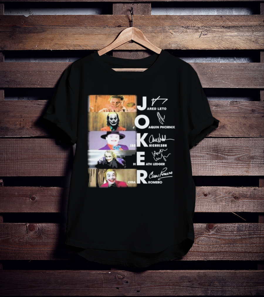 Joker Jared Leto Joaquin Phoenix Jack Nicholson Heath Ledger Cesar Romero Signatures DC Comics Movies All Stars Eras T-Shirt
