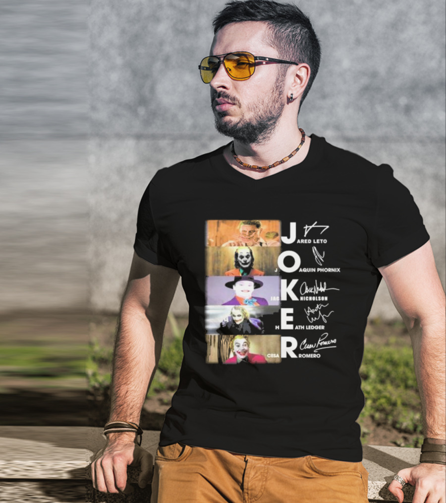 Joker Jared Leto Joaquin Phoenix Jack Nicholson Heath Ledger Cesar Romero Signatures DC Comics Movies All Stars Eras T-Shirt