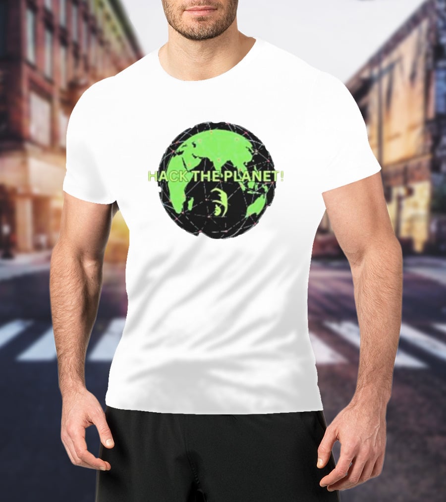Hack The Planet Green And Black Globe Motif T-Shirt