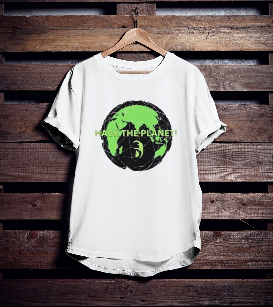 Hack The Planet Green And Black Globe Motif T-Shirt